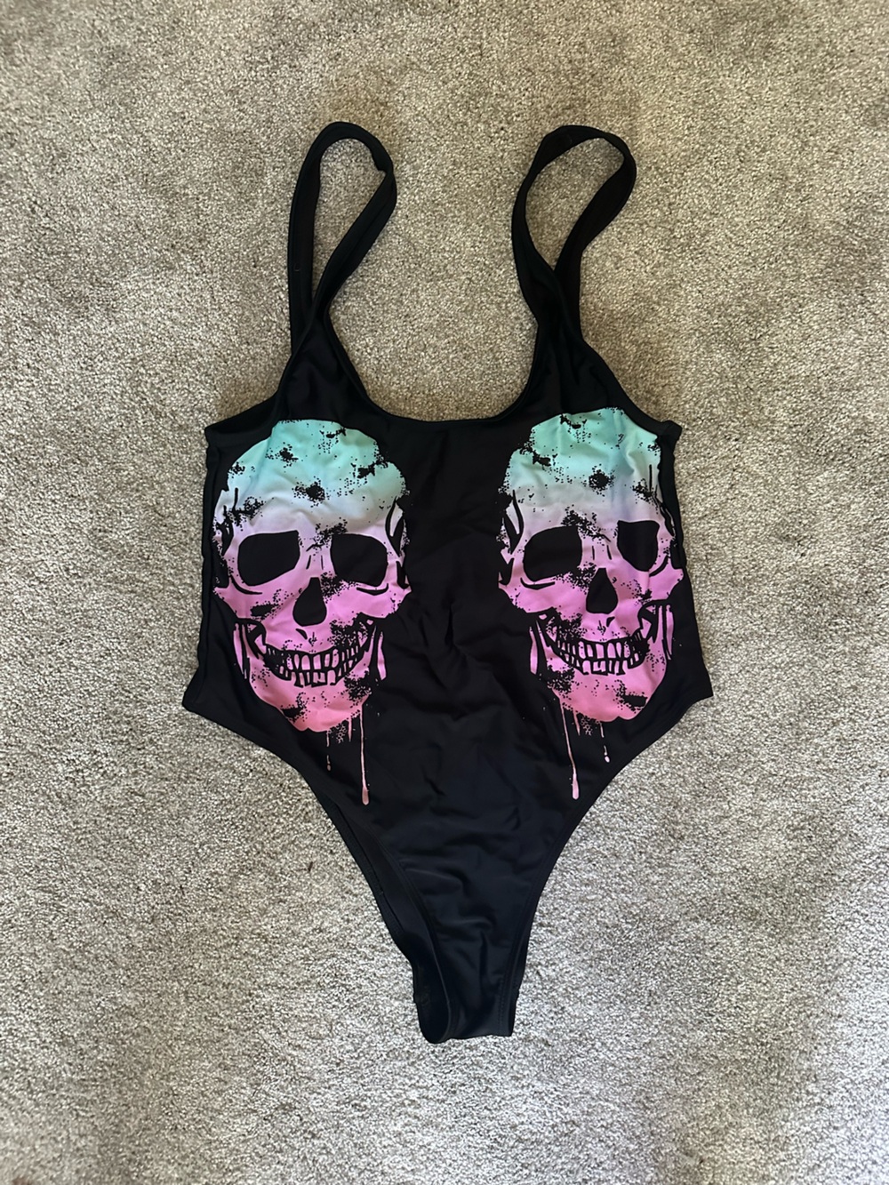 Black One-Piece Swimsuit with Pink & Aqua Skull Print